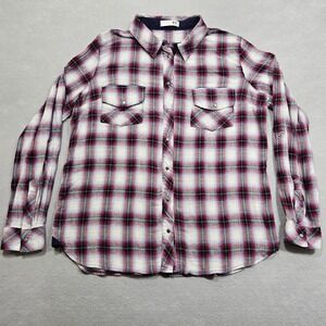 Kut From The Kloth Flannel Snap Shirt Womens XL Red Plaid Soft Roll Tab Sleeve